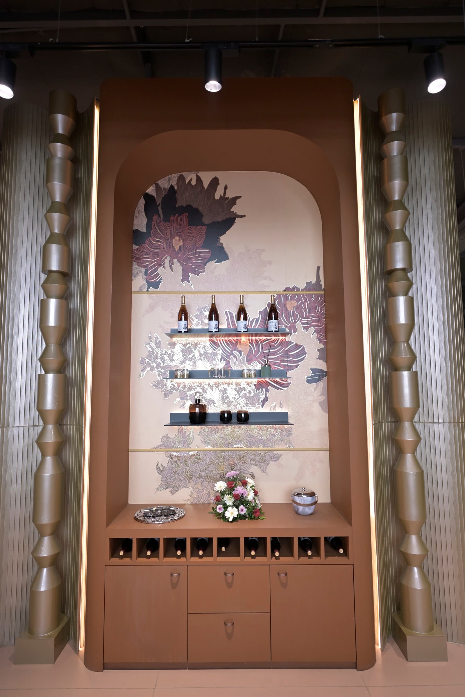 EBONY luxury bar unit with illuminated fluted paneling and glassware display