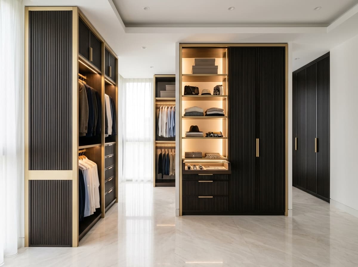 Openable hinged wardrobe with luxury glass vitrine and internal shelves